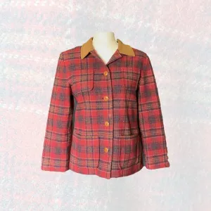 1990s Wool Riding Jacket by Pendleton in a Red and Brown Plaid with a Suede Collar. Warm Winter Coat.