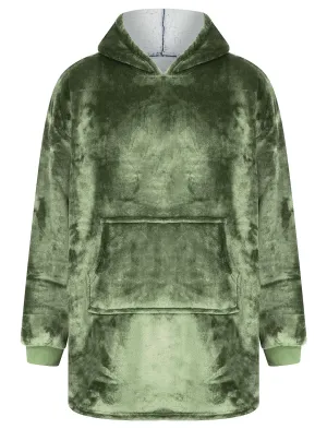Adult Grizzly Soft Fleece Borg Lined Oversized Hooded Blanket with Pocket in Deep Lichen Green  - Tokyo Laundry