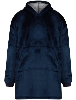 Adult Snuggle Soft Fleece Borg Lined Oversized Hooded Blanket with Pocket in Navy  - Tokyo Laundry