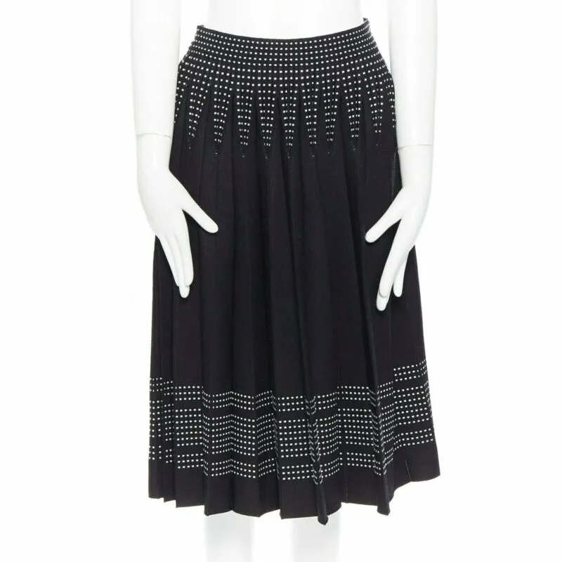 ALEXANDER MCQUEEN black white dot jacquard knit pleated flare midi skirt IT42 M