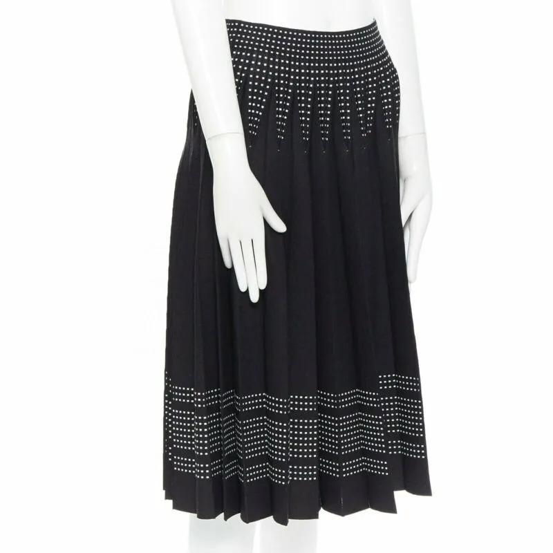 ALEXANDER MCQUEEN black white dot jacquard knit pleated flare midi skirt IT42 M