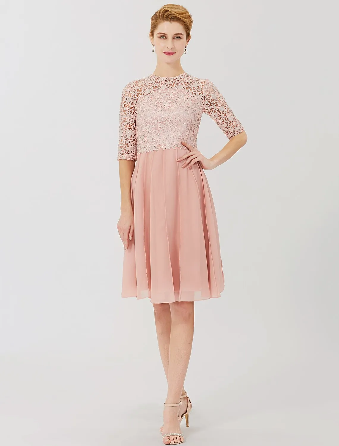 Ball Gown Mother of the Bride Dress Formal Classic & Timeless Elegant & Luxurious Convertible Dress Illusion Neck Knee Length Chiffon Floral Lace 3/4 Length Sleeve with Crystal Brooch