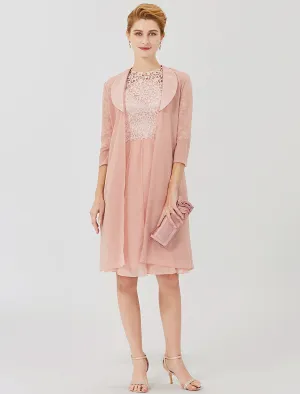 Ball Gown Mother of the Bride Dress Formal Classic & Timeless Elegant & Luxurious Convertible Dress Illusion Neck Knee Length Chiffon Floral Lace 3/4 Length Sleeve with Crystal Brooch