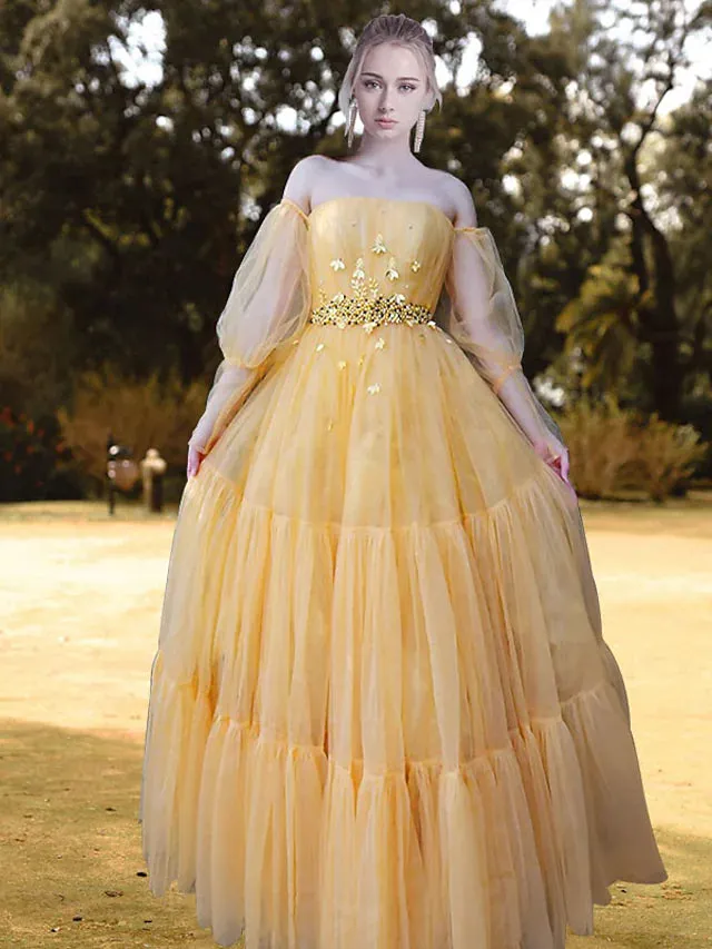 Ball Gown Prom Dresses Princess Dress Engagement Floor Length Long Sleeve Strapless Tulle with Sash  Ribbon Pleats