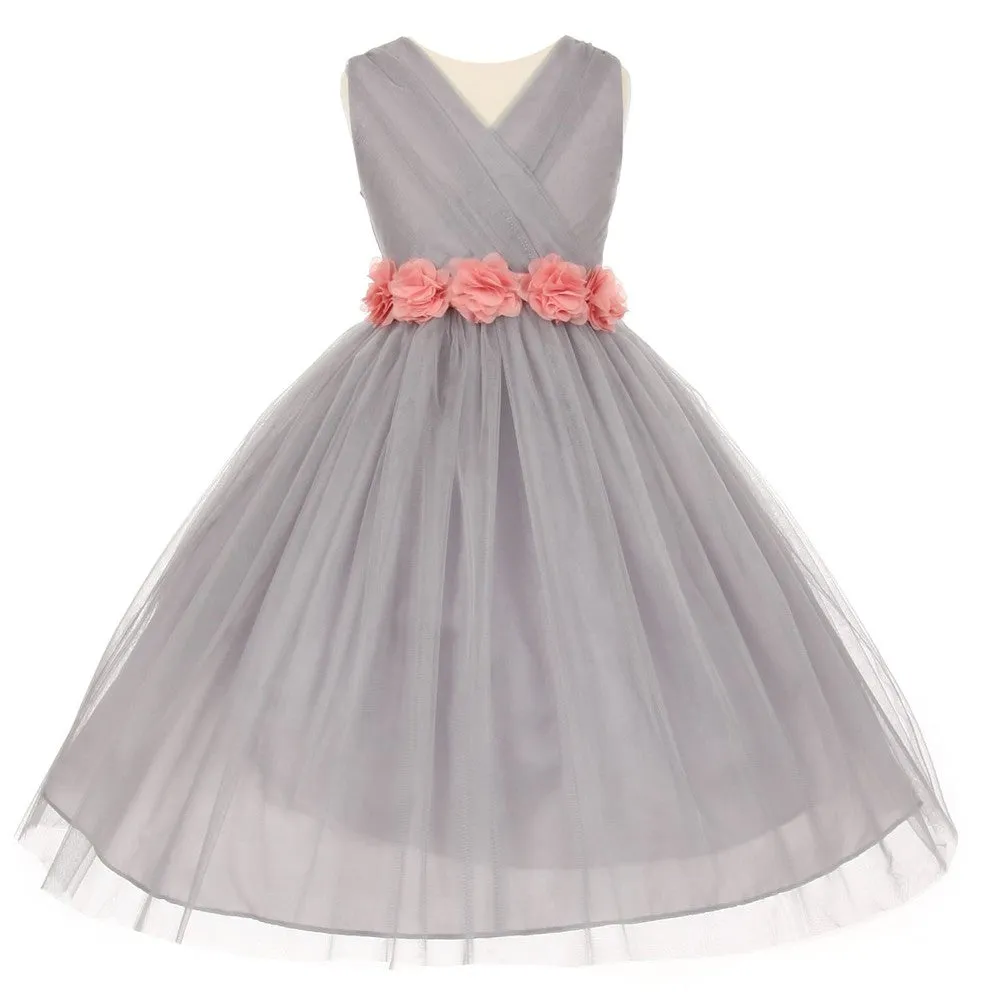 Big Girls Silver Pink Chiffon Flowers Tulle Junior Bridesmaid Dress 8-14