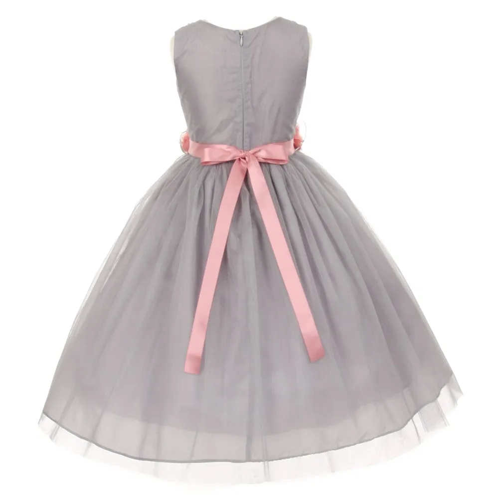 Big Girls Silver Pink Chiffon Flowers Tulle Junior Bridesmaid Dress 8-14