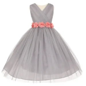 Big Girls Silver Pink Chiffon Flowers Tulle Junior Bridesmaid Dress 8-14