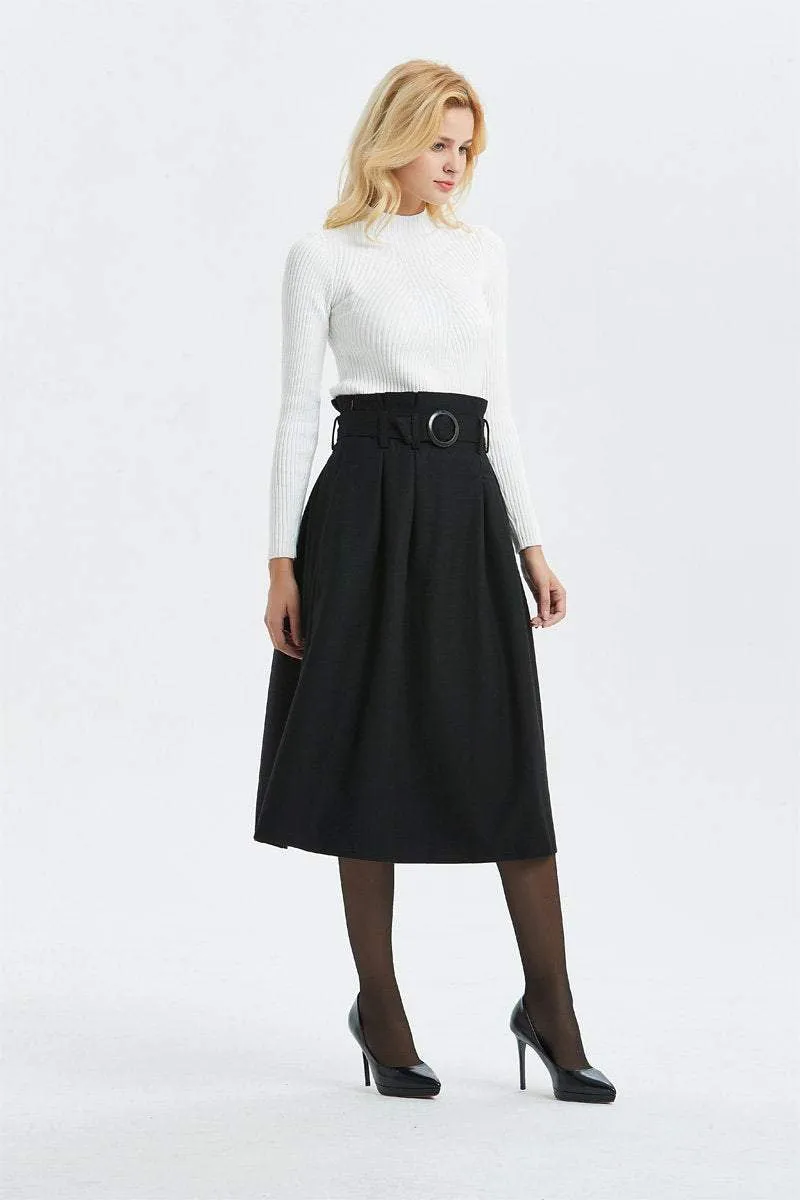 black wool skirt, high waist & midi skirt, pretty womens skirt - winter skirt with pockets, pleated skirt with belt - A line skirt  C1297