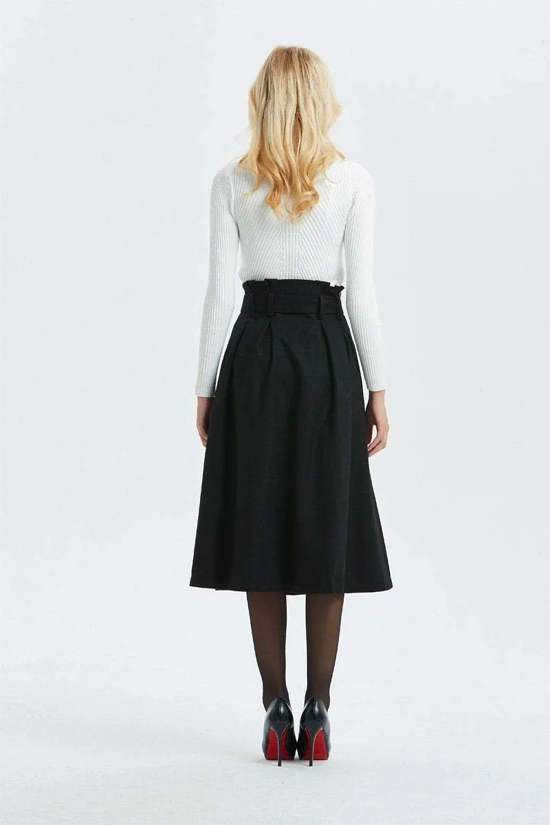 black wool skirt, high waist & midi skirt, pretty womens skirt - winter skirt with pockets, pleated skirt with belt - A line skirt  C1297