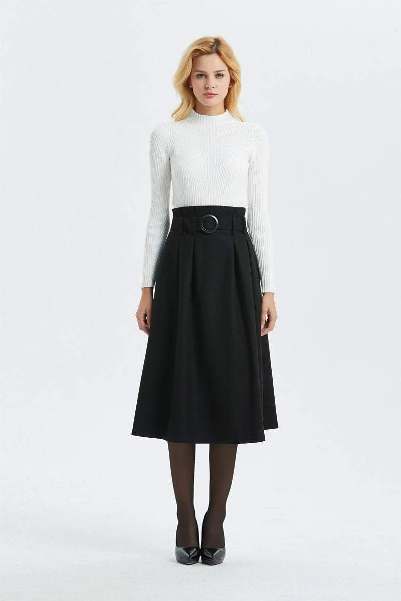 black wool skirt, high waist & midi skirt, pretty womens skirt - winter skirt with pockets, pleated skirt with belt - A line skirt  C1297