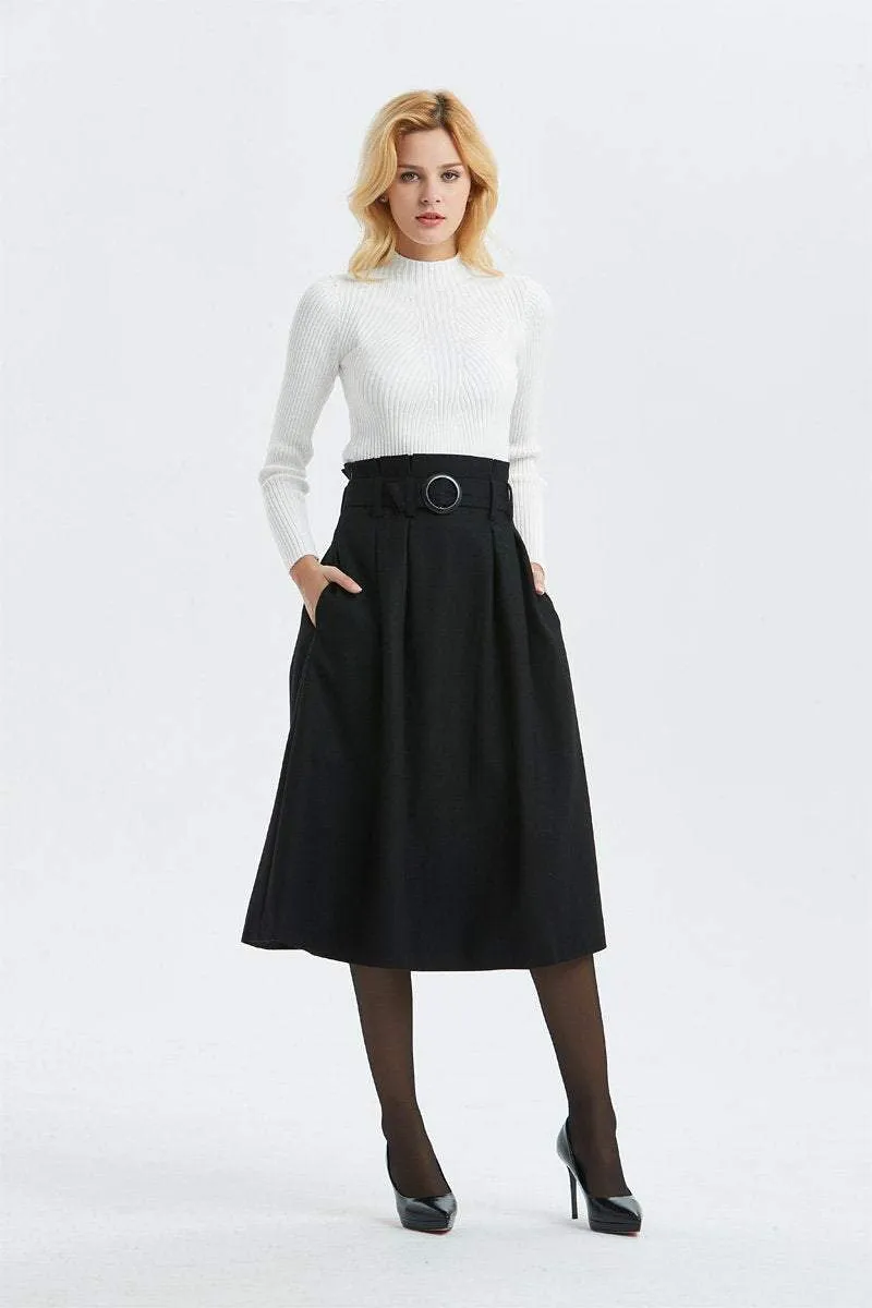 black wool skirt, high waist & midi skirt, pretty womens skirt - winter skirt with pockets, pleated skirt with belt - A line skirt  C1297