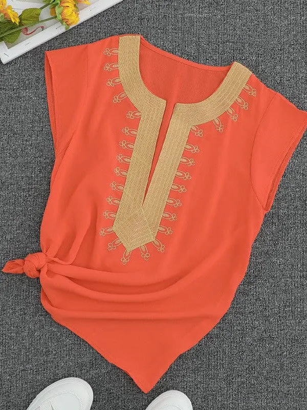 Bohemian Embroidered Deep V-Neck Short-Sleeved Top For Women - Loose Fit Shirt 252142