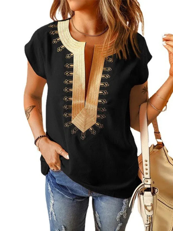 Bohemian Embroidered Deep V-Neck Short-Sleeved Top For Women - Loose Fit Shirt 252142