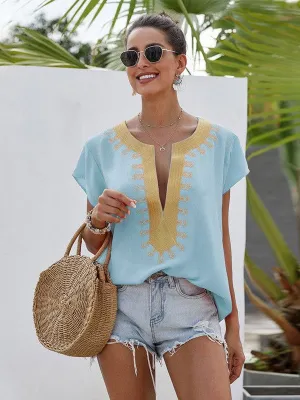 Bohemian Embroidered Deep V-Neck Short-Sleeved Top For Women - Loose Fit Shirt 252142