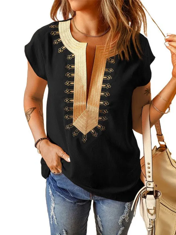 Bohemian Embroidered Deep V-Neck Short-Sleeved Top For Women - Loose Fit Shirt 252142