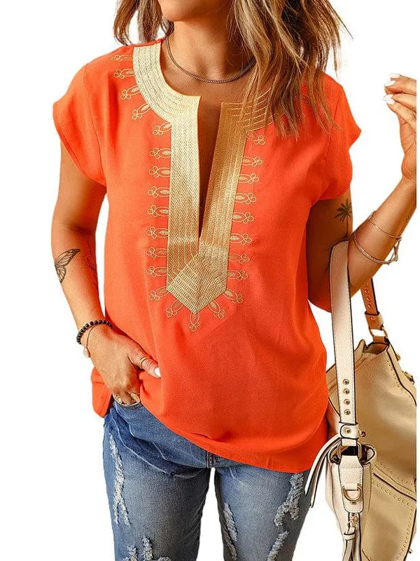 Bohemian Embroidered Deep V-Neck Short-Sleeved Top For Women - Loose Fit Shirt 252142