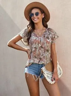 Bohemian Embroidered Deep V-Neck Short-Sleeved Top For Women - Loose Fit Shirt 252142
