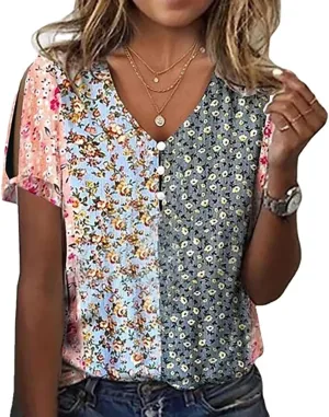 Boho Tops for Women Hippie Floral Shirts 2025 Cold Shoulder Short Sleeve V Neck Button Down Fashion T Shirts Blouse