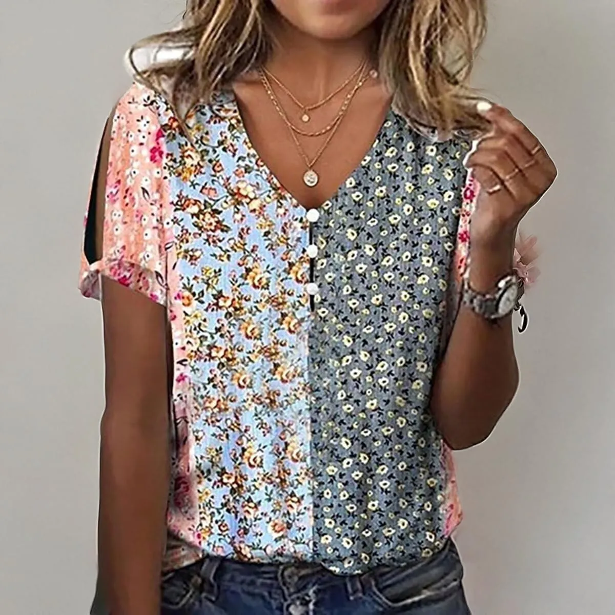 Boho Tops for Women Hippie Floral Shirts 2025 Cold Shoulder Short Sleeve V Neck Button Down Fashion T Shirts Blouse