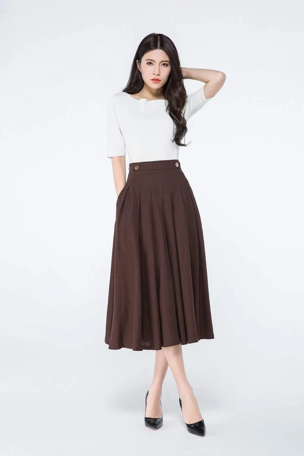 Brown A Line Midi Linen Skirt C1064#
