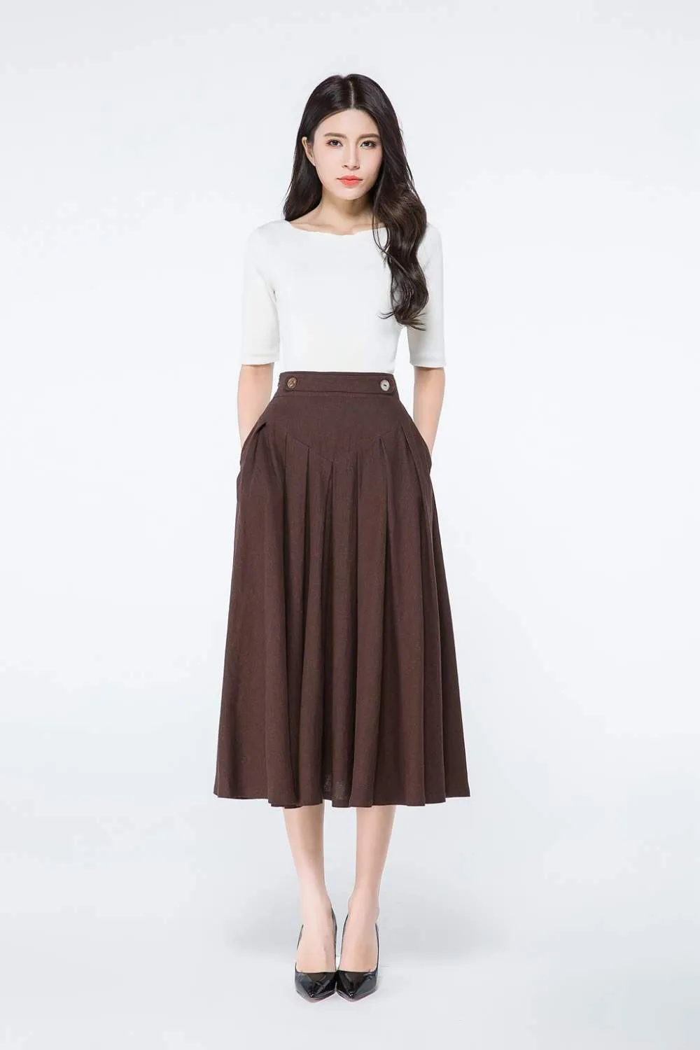 Brown A Line Midi Linen Skirt C1064#