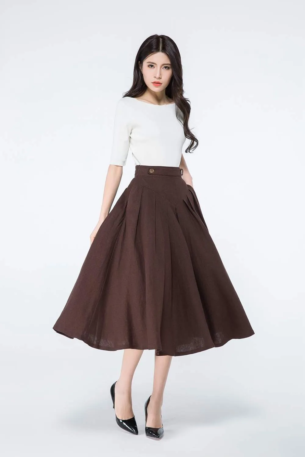 Brown A Line Midi Linen Skirt C1064#