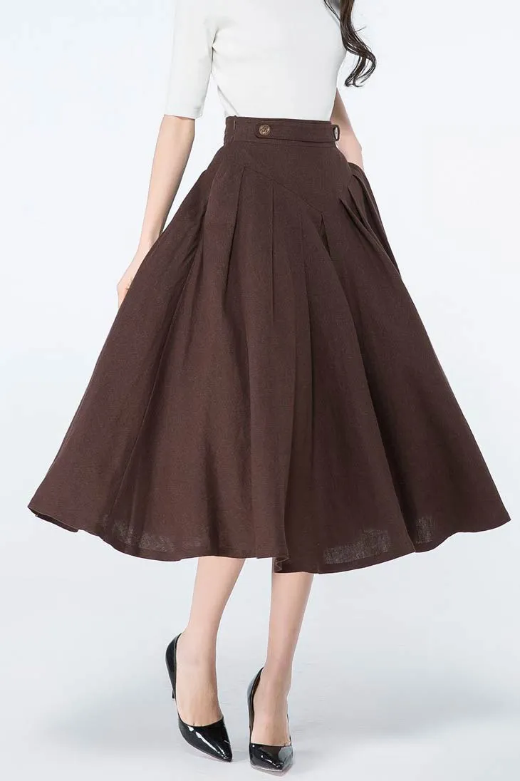 Brown A Line Midi Linen Skirt C1064#