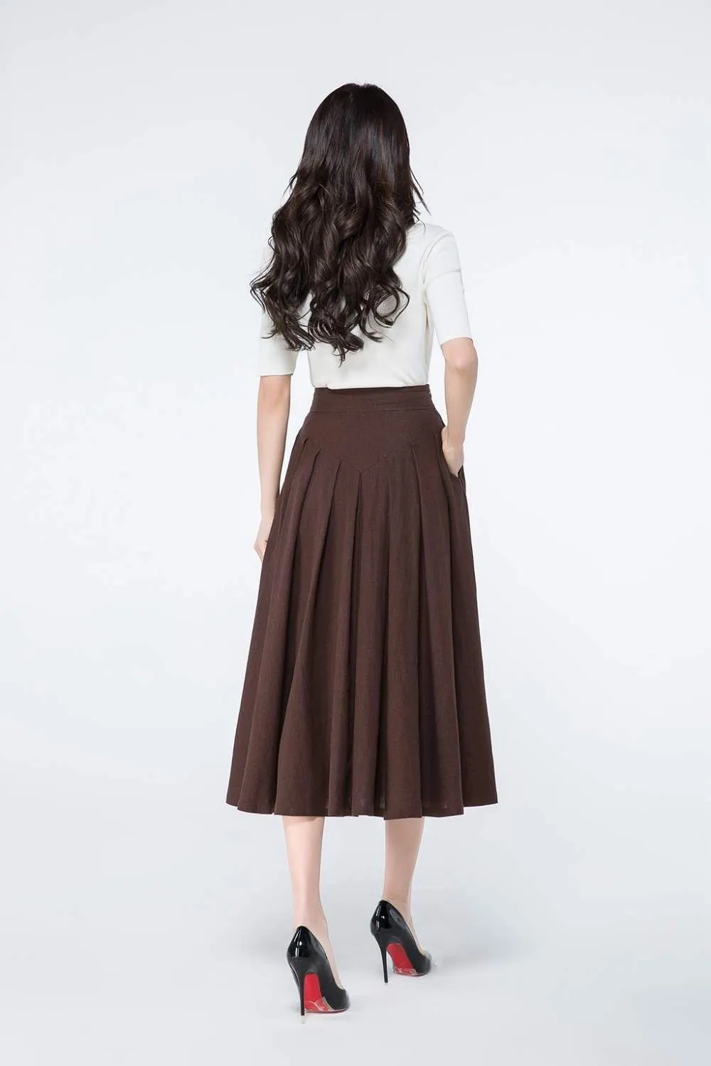 Brown A Line Midi Linen Skirt C1064#