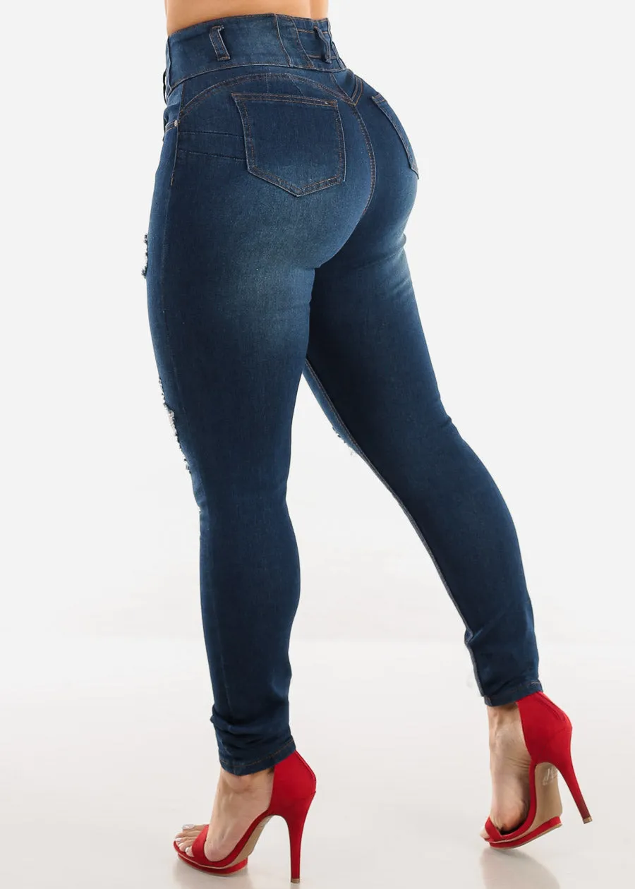 Butt Lift High Waist Ripped Skinny Jeans Med Blue