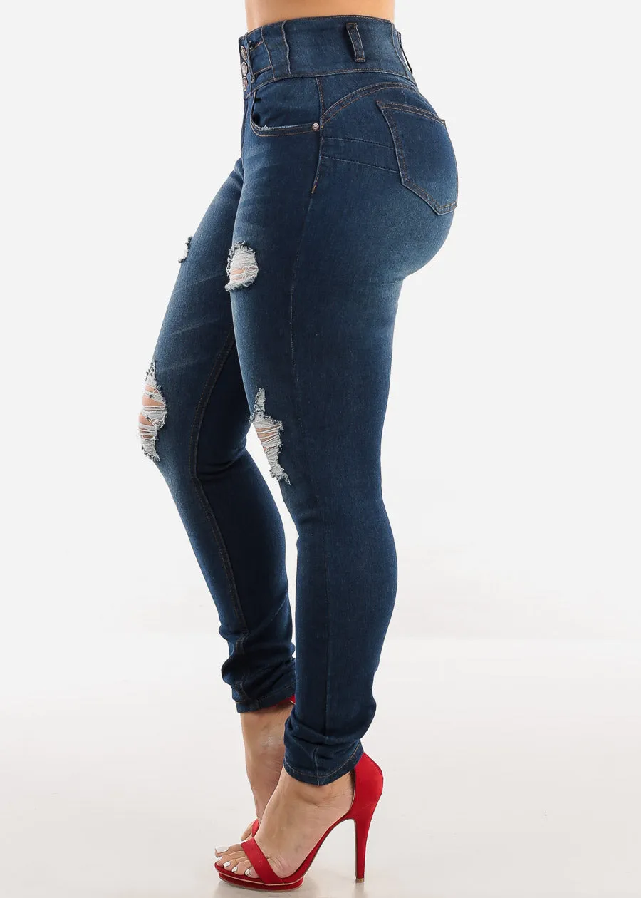 Butt Lift High Waist Ripped Skinny Jeans Med Blue