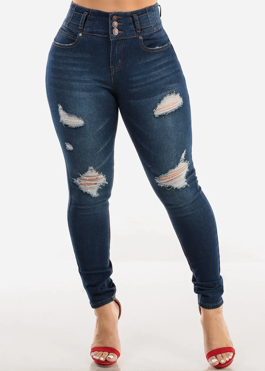 Butt Lift High Waist Ripped Skinny Jeans Med Blue
