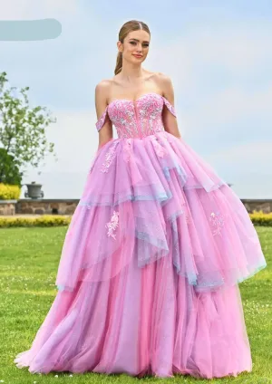 Colors Dress 3534 Layer Ruffle Shimmer Ball Gown Prom Dress Sheer Sequin Corset Formal off the shoulder