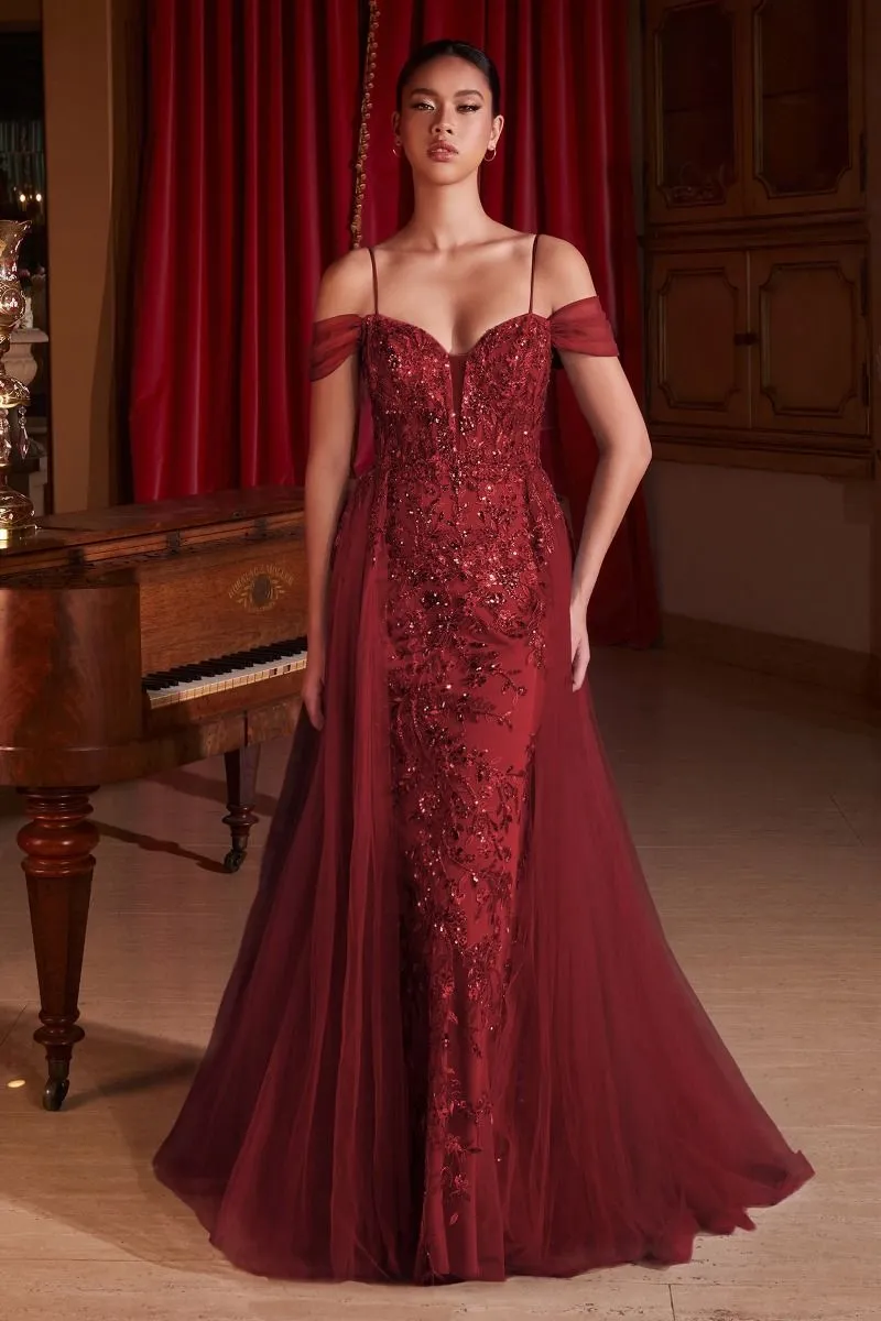 EMBELLISHED OFF THE SHOULDER FITTED GOWN CDSF009
