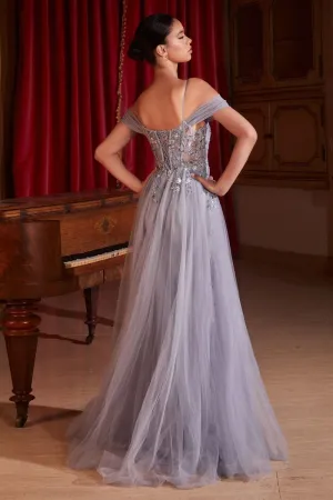 EMBELLISHED OFF THE SHOULDER FITTED GOWN CDSF009