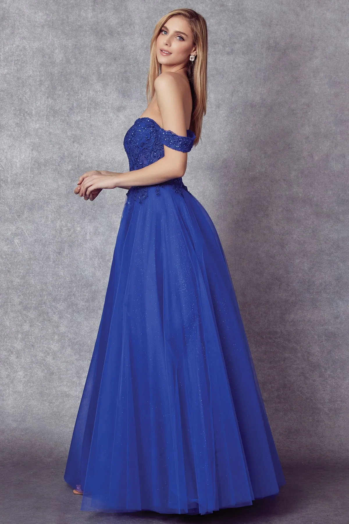 Embroidered Off Shoulder Tulle Gown by Juliet 280