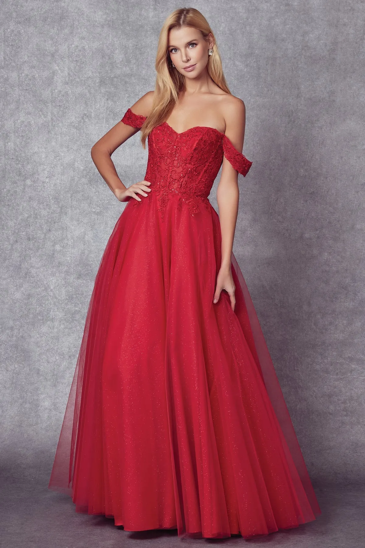 Embroidered Off Shoulder Tulle Gown by Juliet 280
