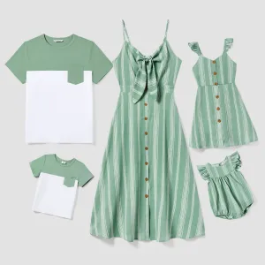 Family Matching Colorblock T-shirt and Tie Front V-Neck Stripe Button-Front Spaghetti Strap Dress