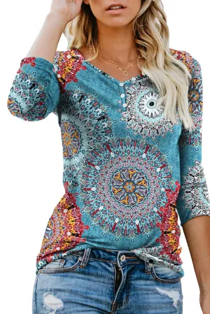Floral Blue Long Sleeve Henley Button up T Shirt