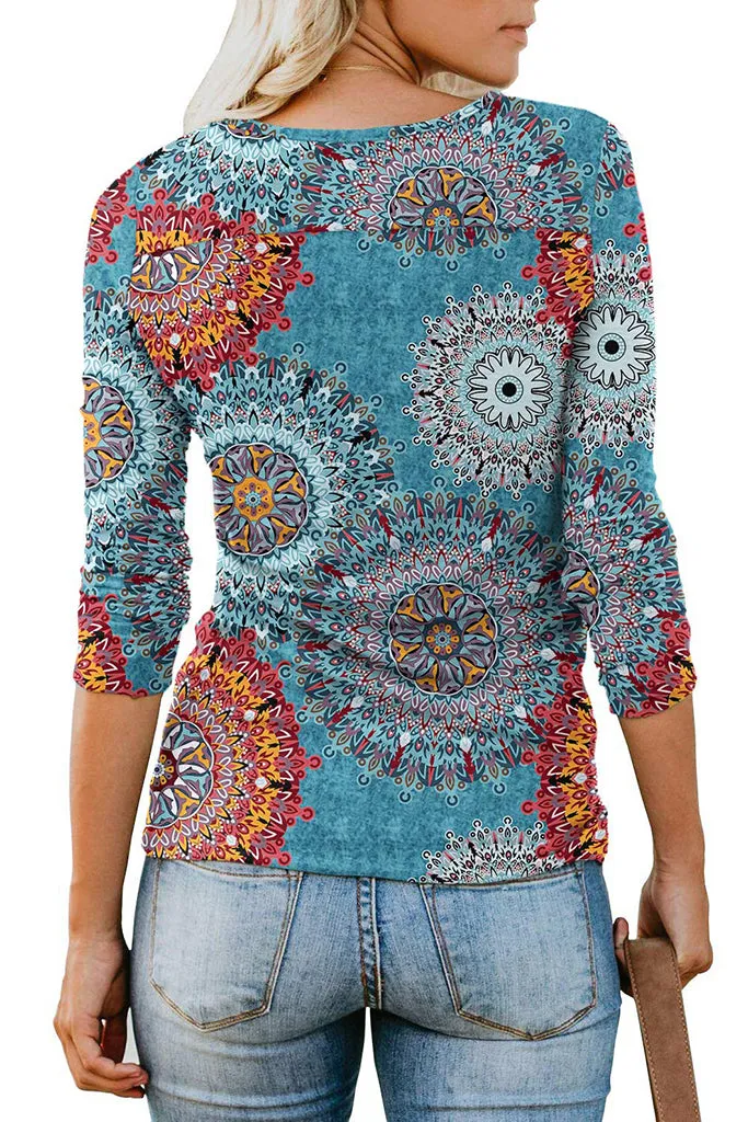 Floral Blue Long Sleeve Henley Button up T Shirt