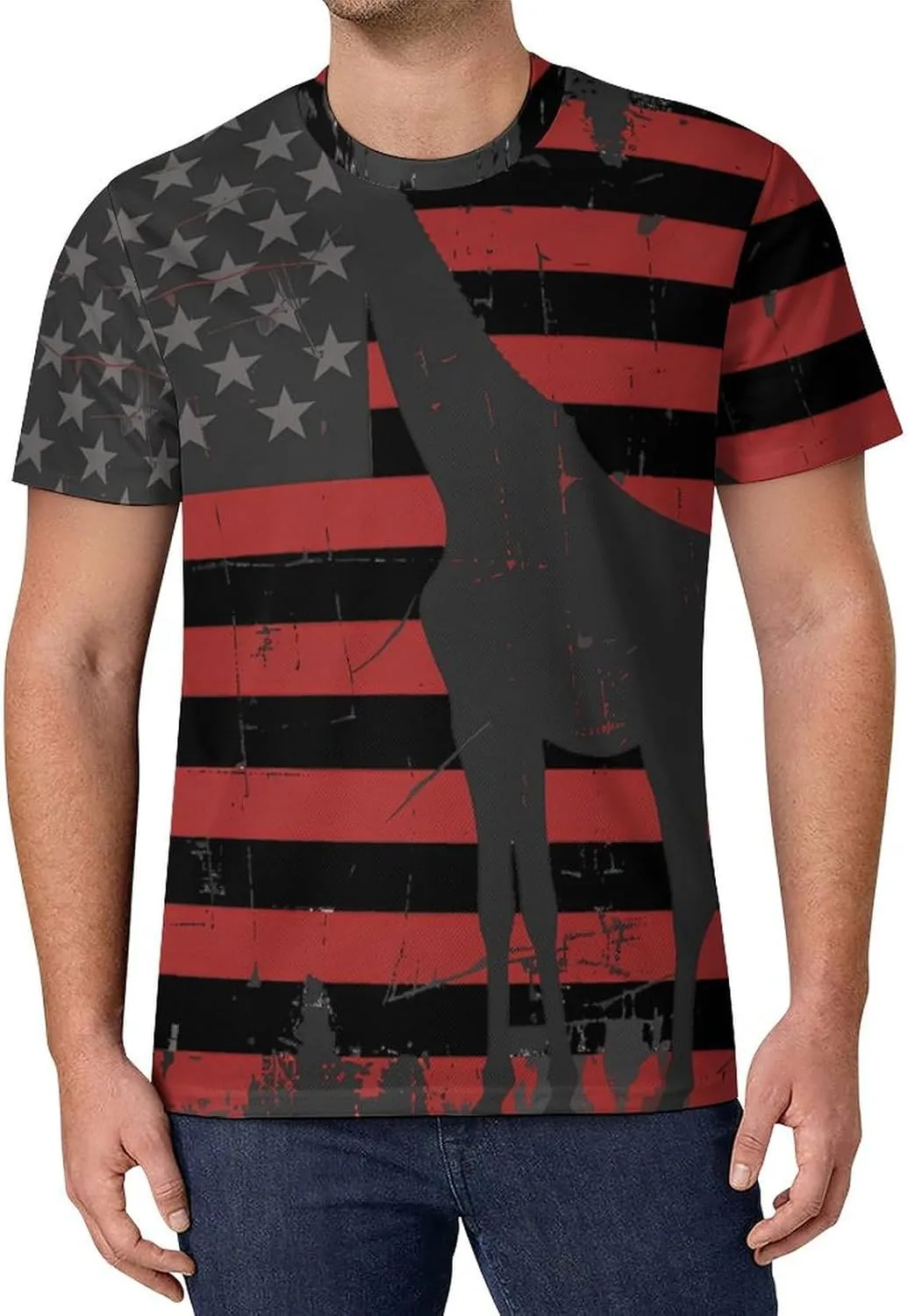 Giraffe Funny 4th of July U.S Flag Men's T-Shirts Short Sleeve Tee Classic Hawaiian Shirt Athletic Workout Tops