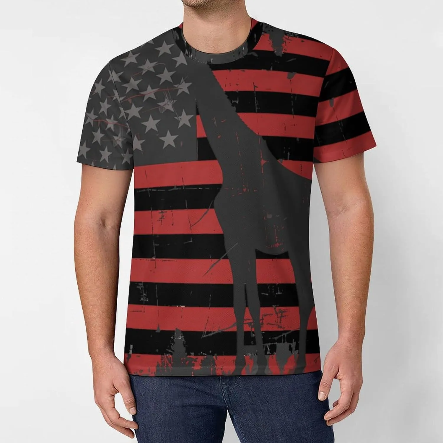 Giraffe Funny 4th of July U.S Flag Men's T-Shirts Short Sleeve Tee Classic Hawaiian Shirt Athletic Workout Tops