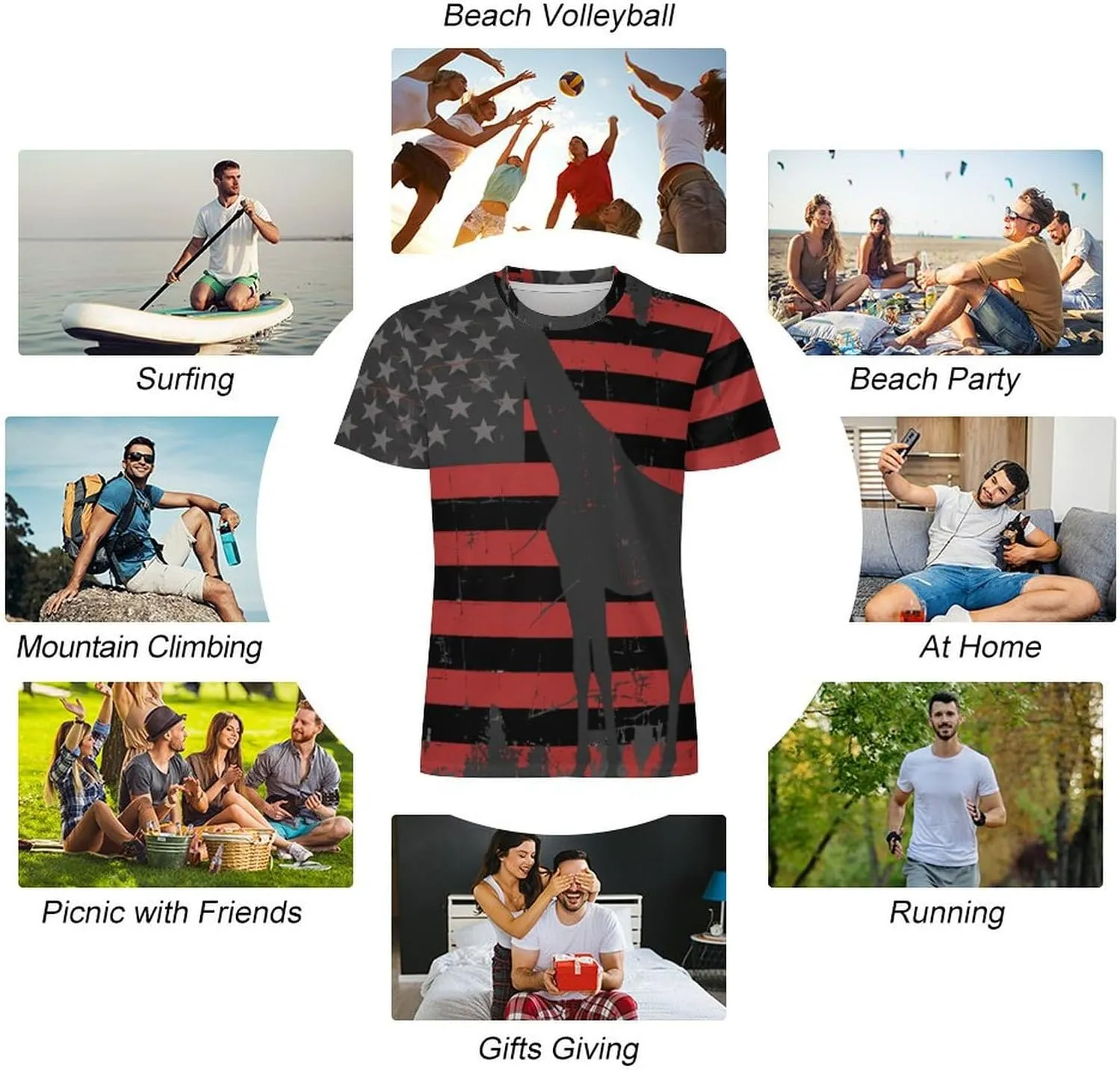 Giraffe Funny 4th of July U.S Flag Men's T-Shirts Short Sleeve Tee Classic Hawaiian Shirt Athletic Workout Tops