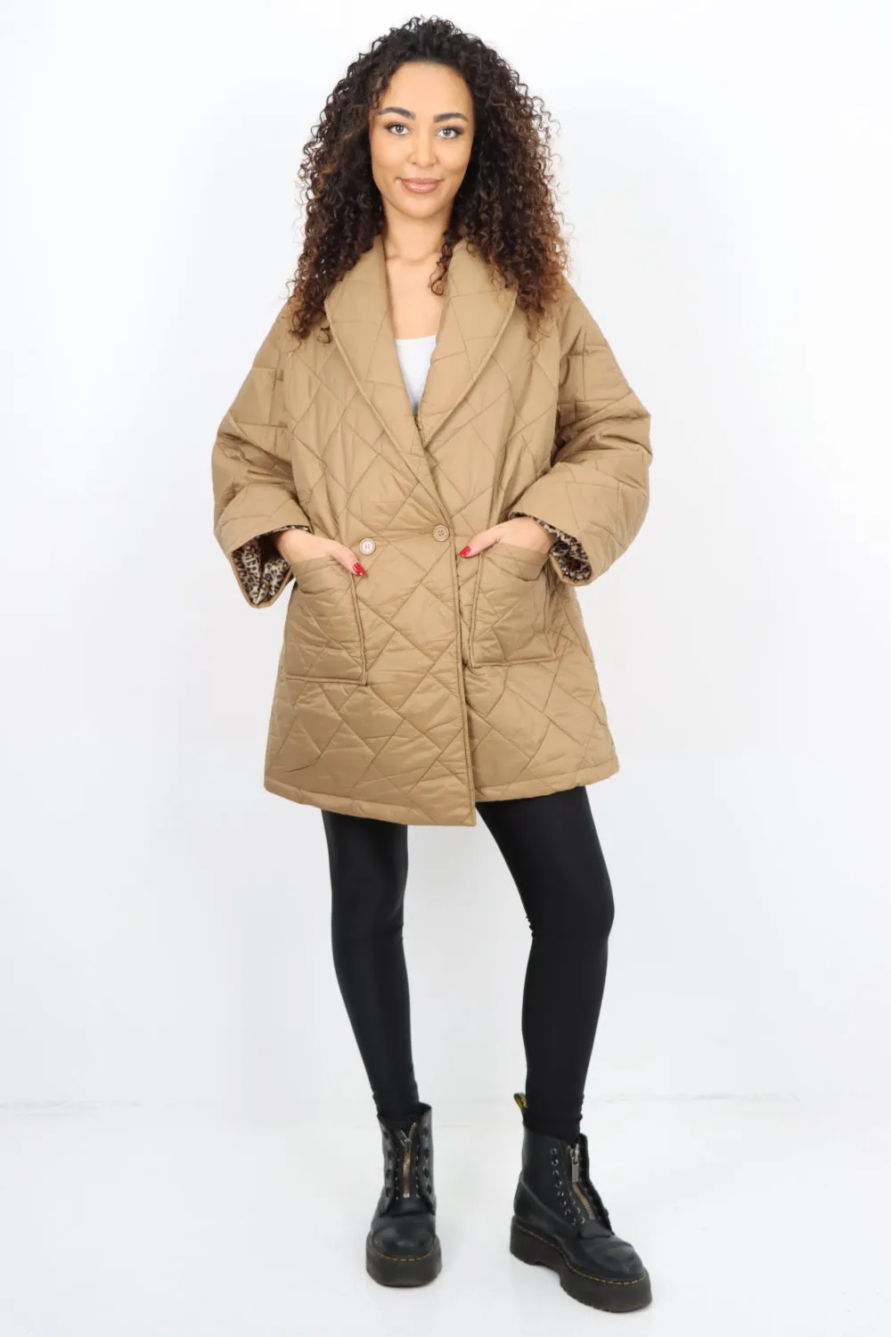 Italian Leopard Lined Quilted Padded Front Pockets  Jacket