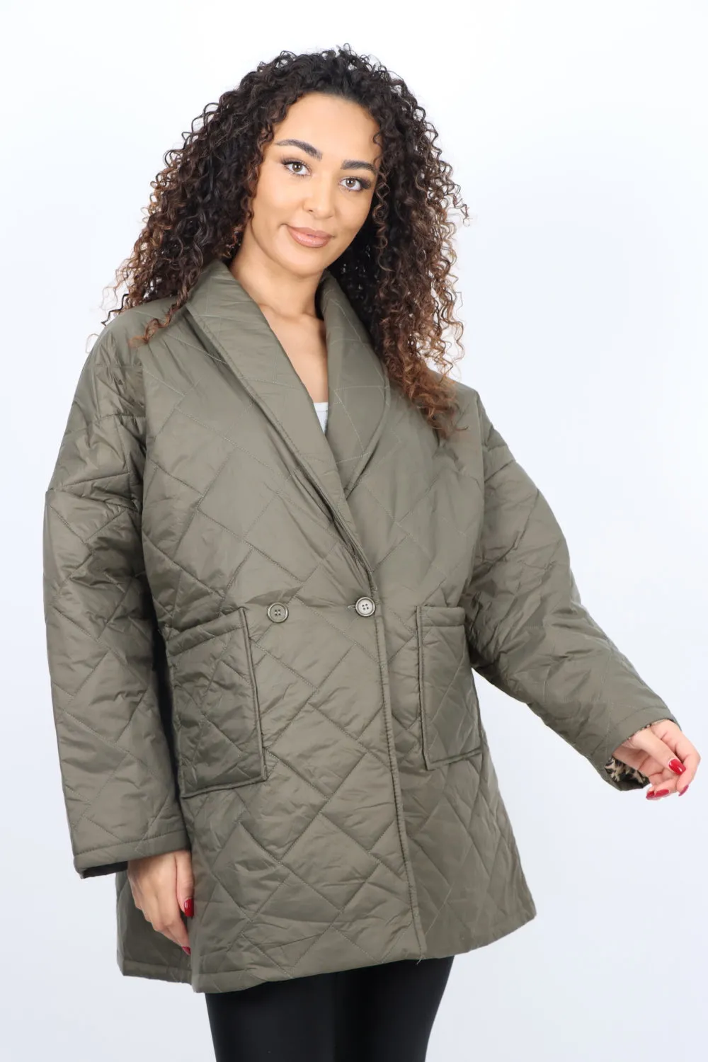 Italian Leopard Lined Quilted Padded Front Pockets  Jacket