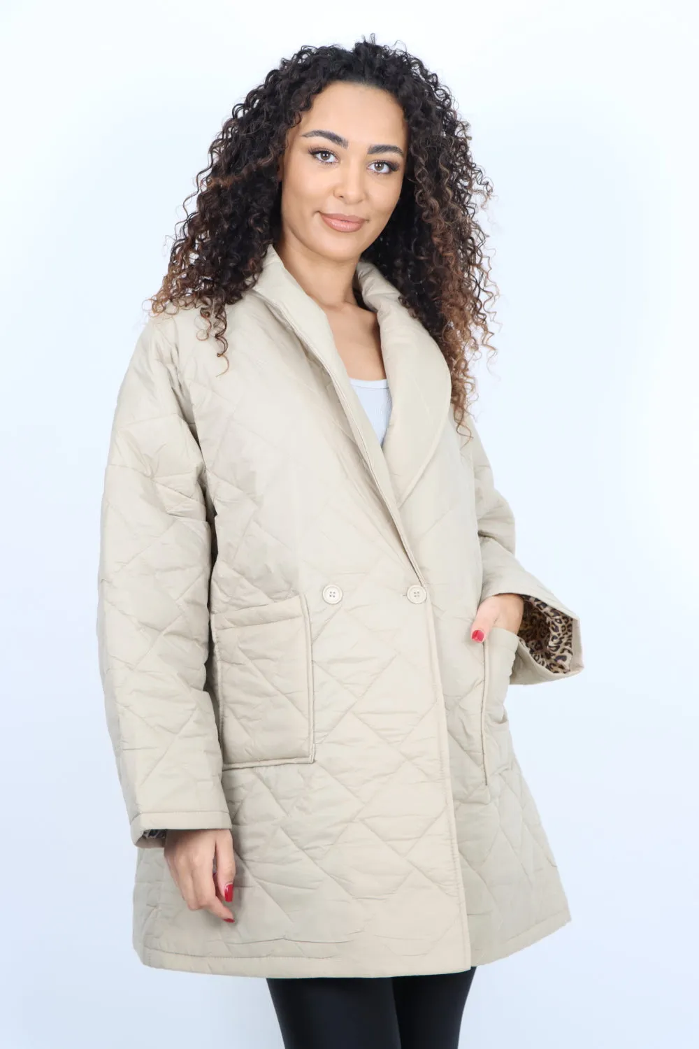 Italian Leopard Lined Quilted Padded Front Pockets  Jacket