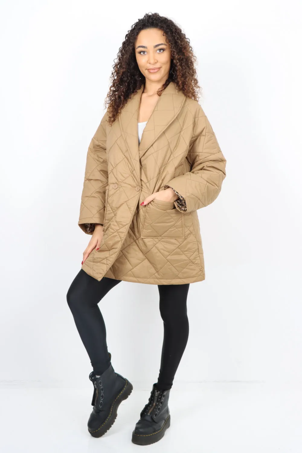 Italian Leopard Lined Quilted Padded Front Pockets  Jacket