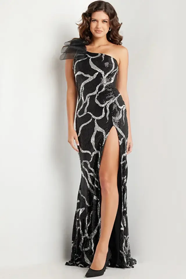 Jovani 38377 Long Prom Dress Fitted Silver Sequin High Slit  One Shoulder Ruffle Formal Pageant Gown
