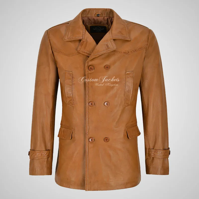 KRIEGSMARINE Mens Leather Pea Coat Soft German Military Leather Jacket