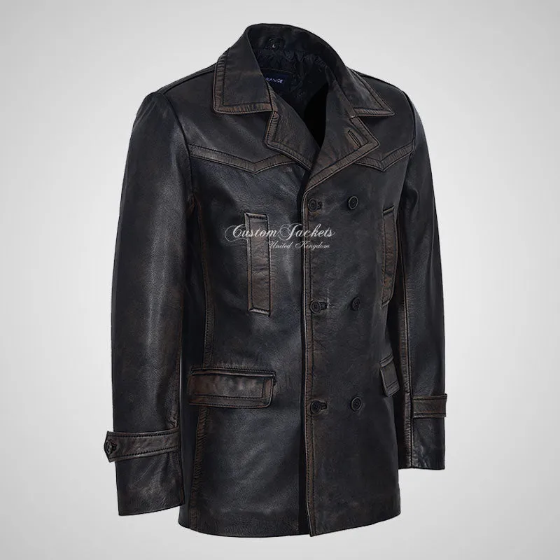 KRIEGSMARINE Mens Leather Pea Coat Soft German Military Leather Jacket