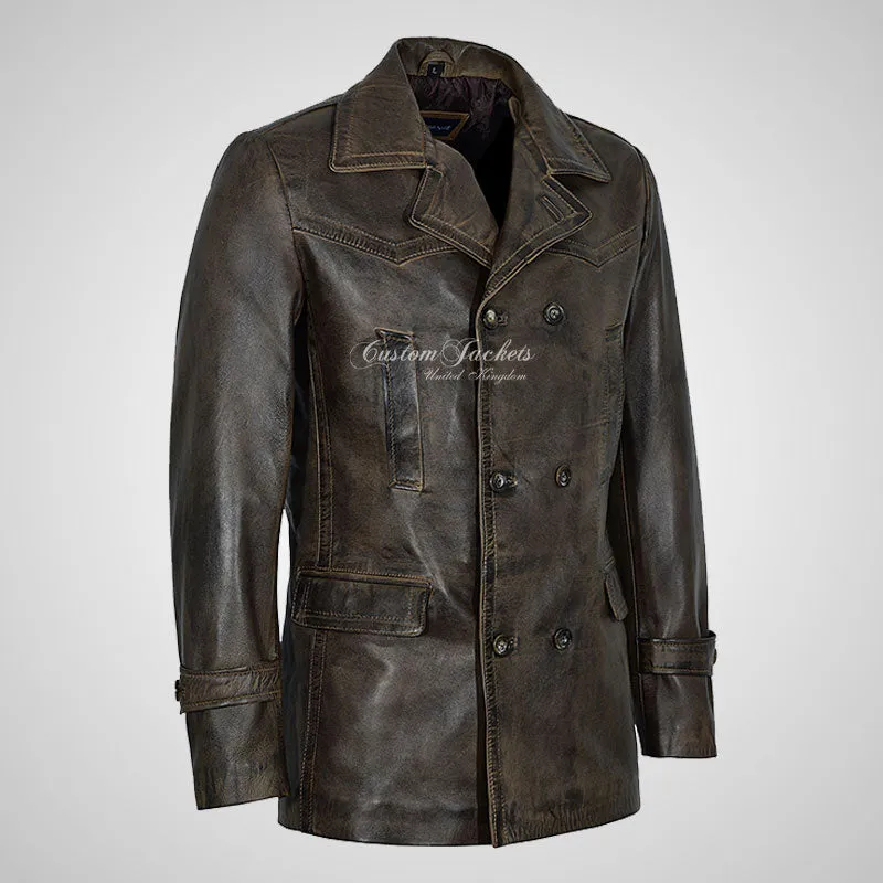 KRIEGSMARINE Mens Leather Pea Coat Soft German Military Leather Jacket